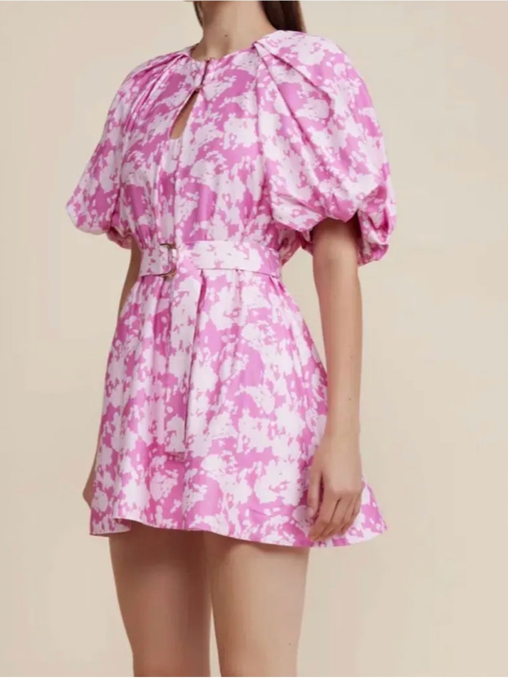 Acler Pink & White Puff-Sleeve Printed Mini Dress